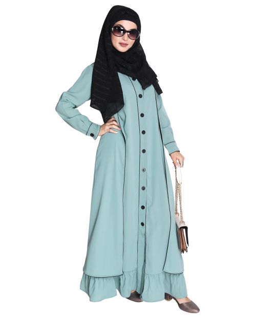 Two Panel Sage Green Abaya with Black Piping Design