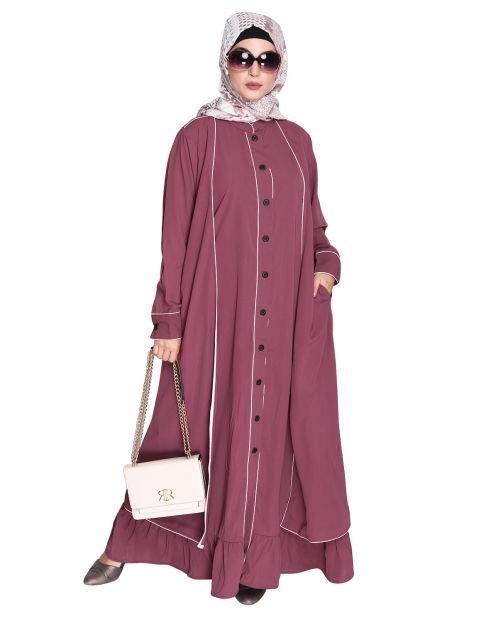 Two Panel Onion Pink Abaya with Beige Piping Design