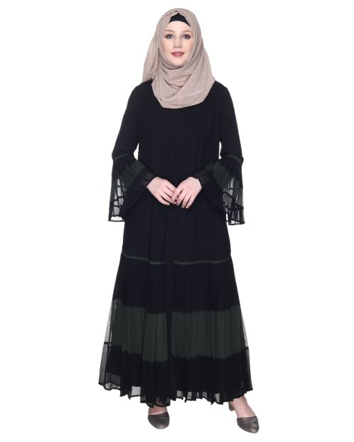 Bell Style Pleated Olive & Black Georgette Abaya