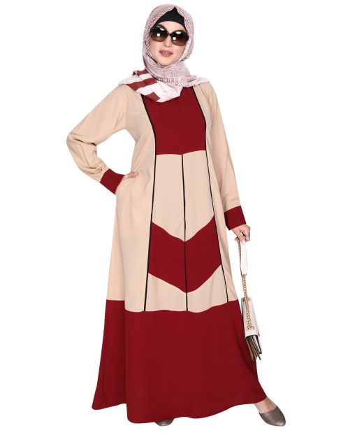 Maroon and Beige Symmetrical Design Abaya