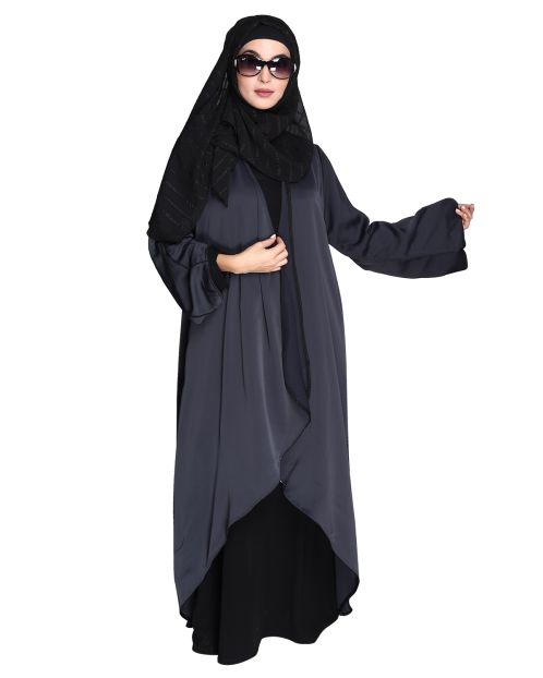 Stylish Dark Grey Shrug and Plain Black Abaya Set