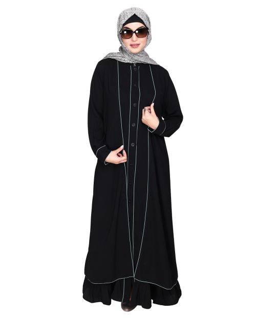 Two Panel Black Abaya with Sage Green Piping Design