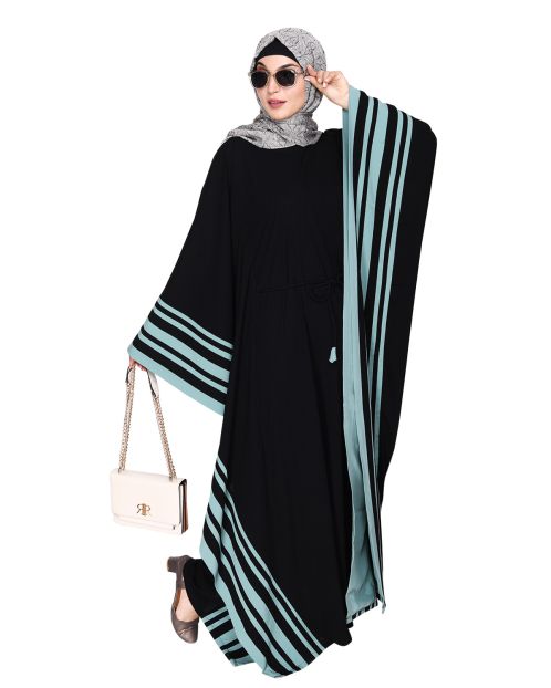 Black Kaftan With Striped Sage Green Border