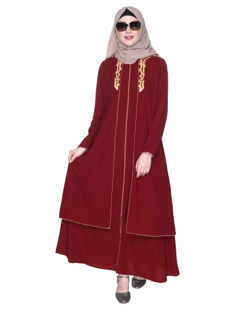 Maroon Regal Abaya With Gold Embroidery