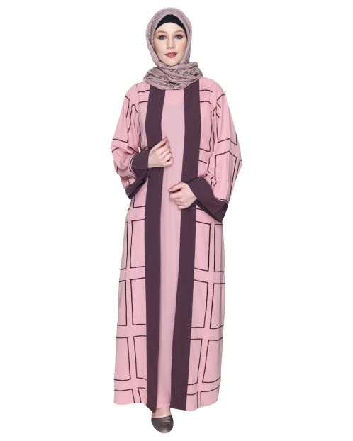 Designer Shrug Style Pink And Brown Closed Abaya