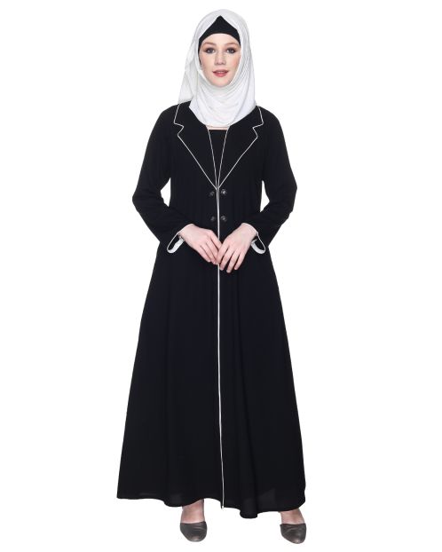 Stylish Black Coat Style Abaya With White Piping