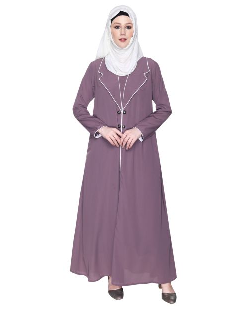 Stylish Purple Coat Style Abaya With White Piping