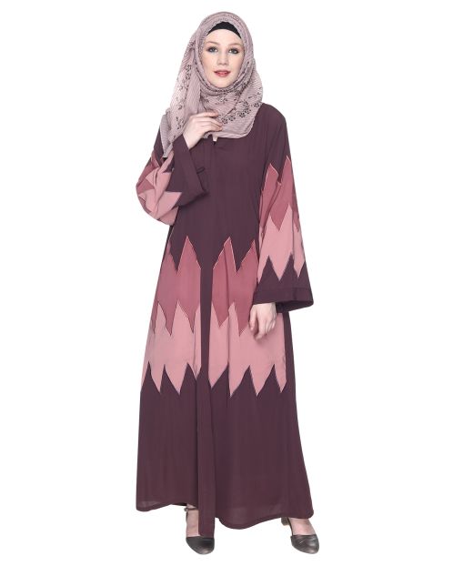 Zig Zag Style Imperial Purple Abaya With Shaded Embroidered Panels