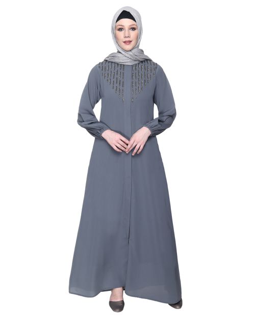 Grey Abaya With Flashy Metallic Beads Embroidery