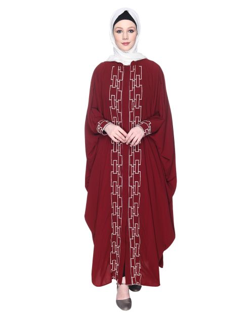 Maroon And White Dimensional Design Embroidered Kaftan