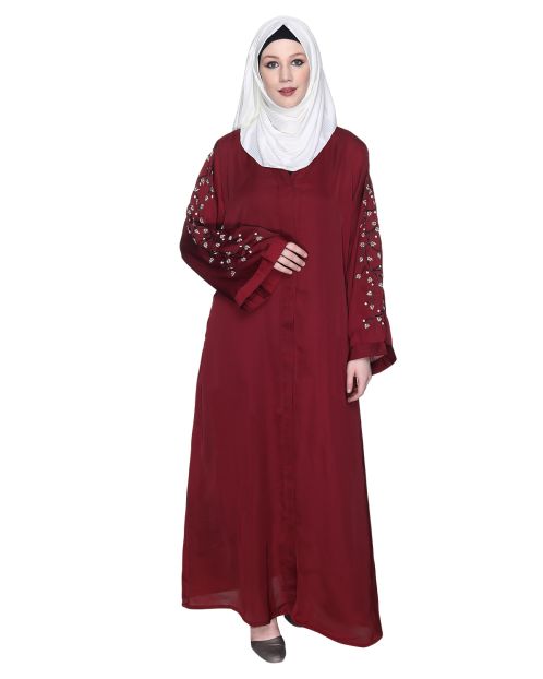 Enchanting Maroon Abaya With Sparkling Hand-Embroidered Sleeves