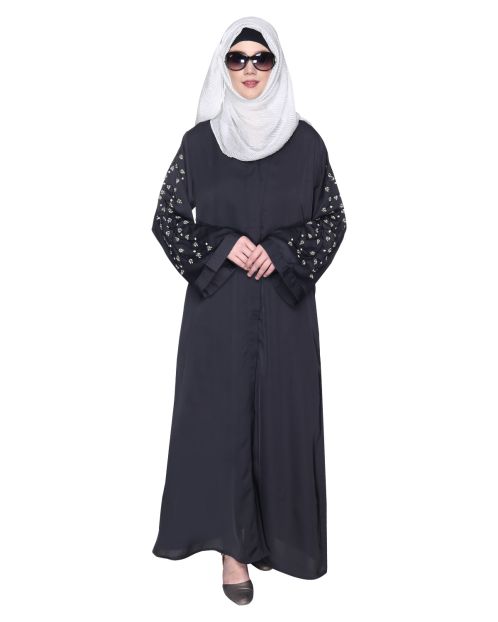 Enchanting Dark Grey Abaya With Sparkling Hand-Embroidered Sleeves