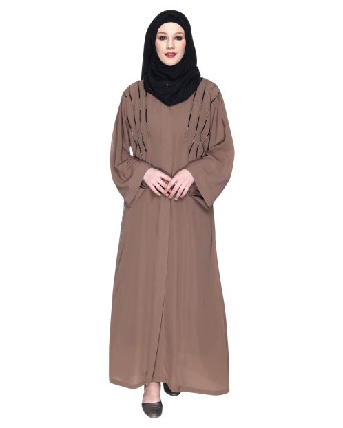 Spell-Binding Oak Brown Four Line Hand Embroidered Abaya