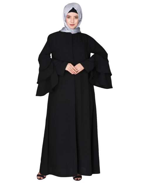 Stylish frill sleeves black front open Abaya