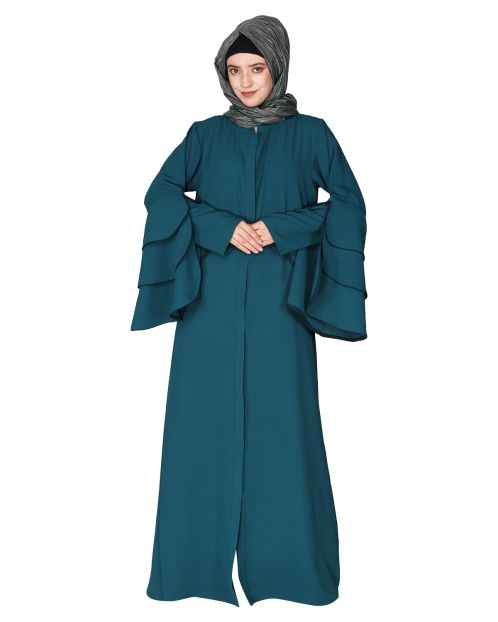 Stylish frill sleeves teal blue front open Abaya