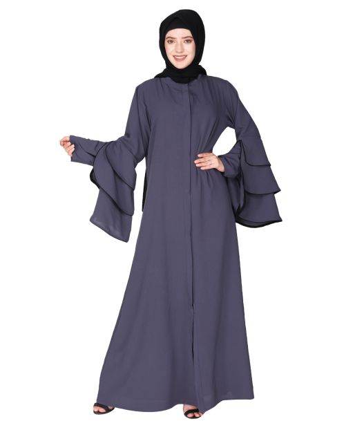 Stylish frill sleeves dark grey front open Abaya