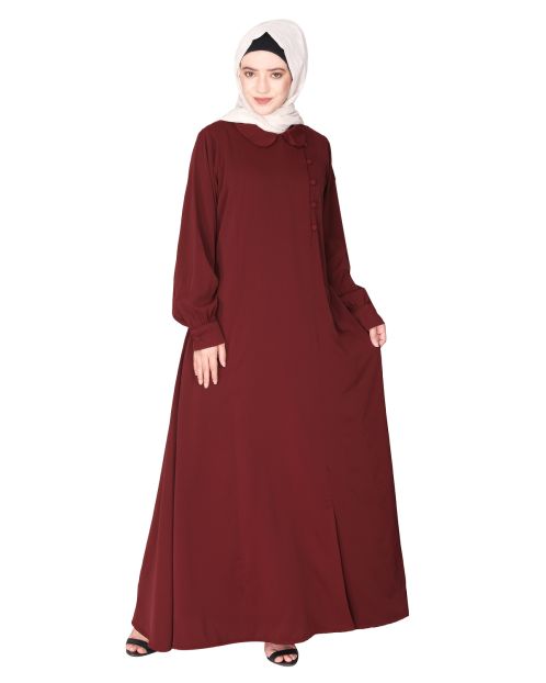 Unpretentious maroon simple Abaya with fancy shirt collars