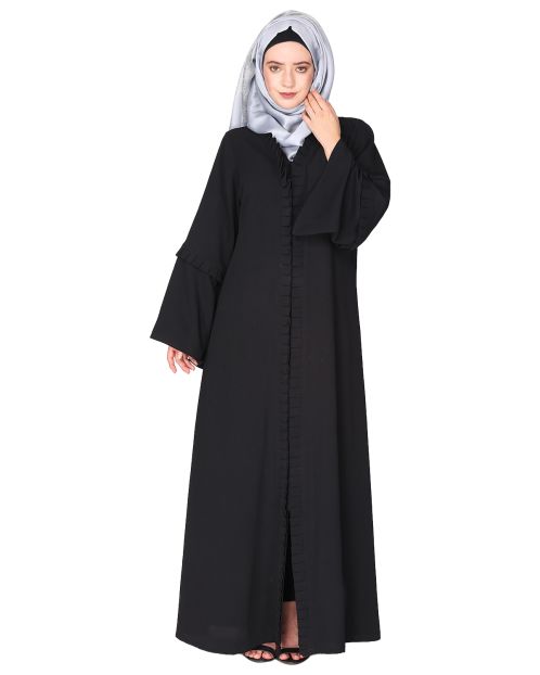 Modish box pleated black abaya with conventional bell sleeves
