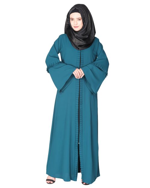 Modish box pleated green abaya with conventional bell sleeves