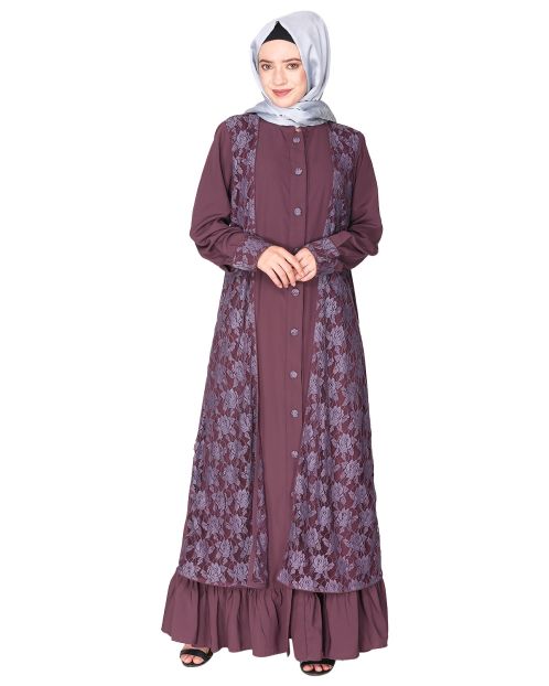 Occasion wear purple abaya with a gorgeous extra Panel of floral Lace
