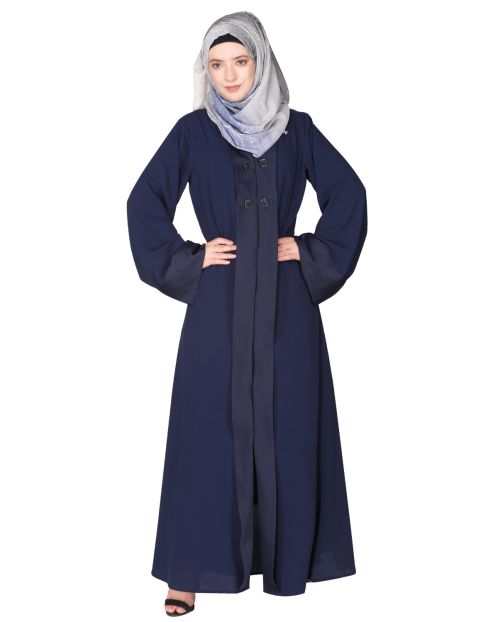 Graceful curtains style front open Dark blue abaya with designer show buttons