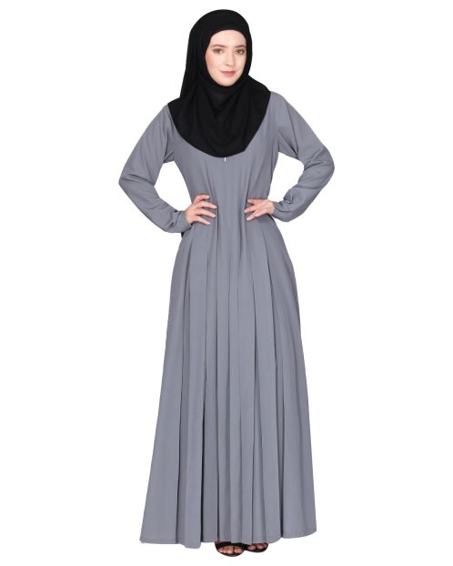 An Umbrella style stunning pleated light grey abaya with Pinstriped Yolk