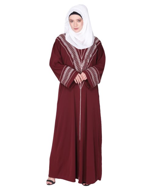 A magnificent Palestinian motif front open embroidered maroon abaya