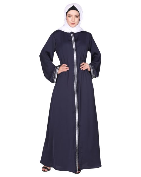 Pleasing front open blue abaya with beautiful checkered embroidery