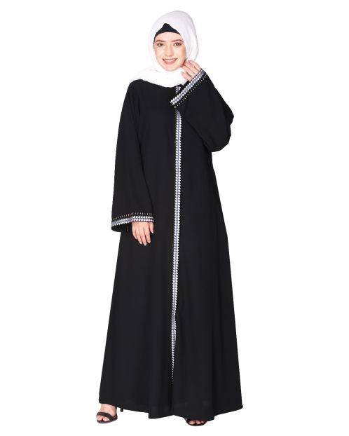 Pleasing front open black abaya with beautiful checkered embroidery