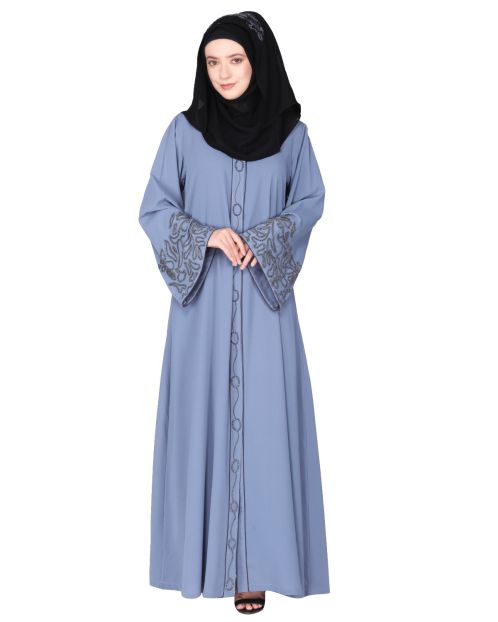 Premium handembroidered front open light grey abaya with gleaming dual seed beads