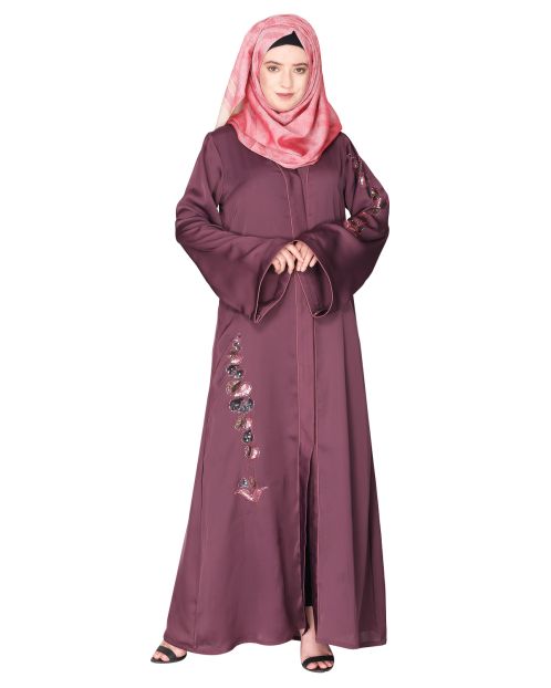 Opulent hand embroidered front open purple abaya with a unique twisted motif of sparkling sequins