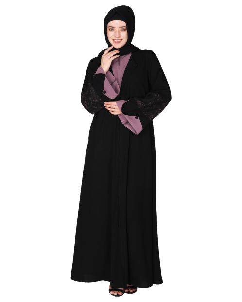 Contemporary jacket type front open black and purple abaya with stylish laced sleeves