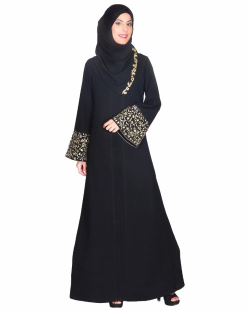 Black Abaya With Gold Zari Embroidered Bell Sleeve