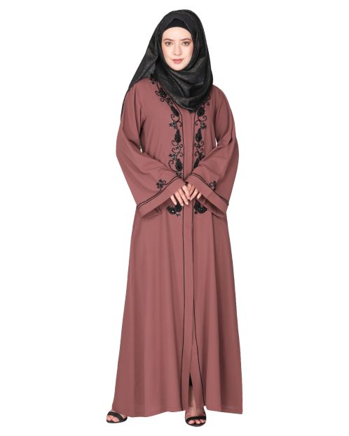 Scintillating jet black beaded embroidered front open onion pink abaya
