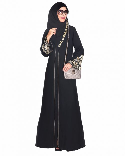 Black Abaya With Gold Zari Embroidered Bell Sleeve