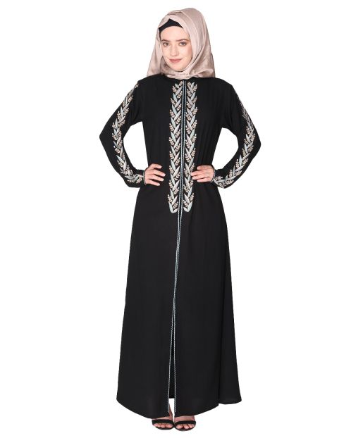Exclusive black abaya with turquoise and Gold Leaf Embroidery