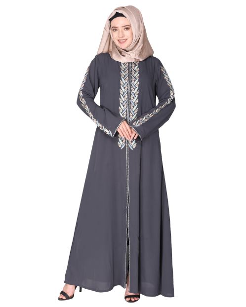 Exclusive dark grey abaya with turquoise and Gold Leaf Embroidery