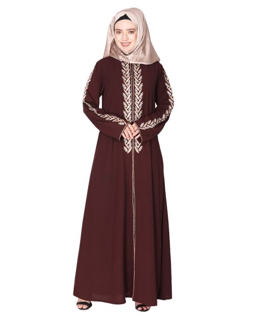 Exclusive dark brown abaya with turquoise and Gold Leaf Embroidery