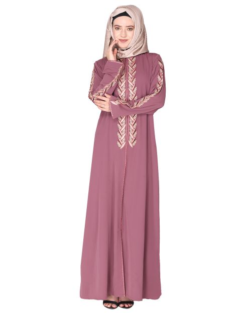 Exclusive onion pink abaya with turquoise and Gold Leaf Embroidery