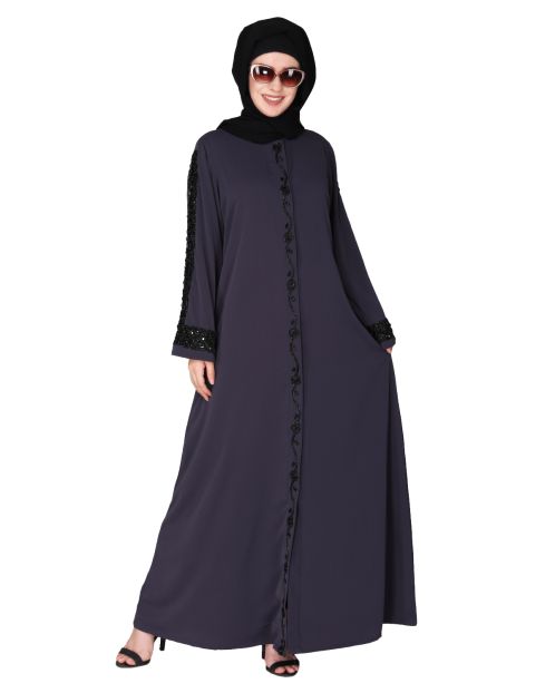 Gleaming Black Beaded Handwork dark beige abaya