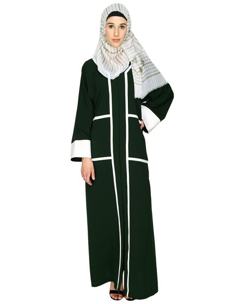 Elegant Green Dubai Style  Abaya with White Detailing