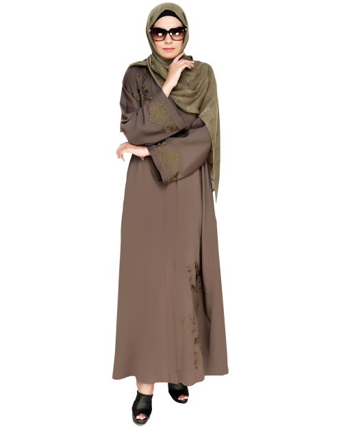 Botanical Mud Brown Embroidered Dubai Style Abaya