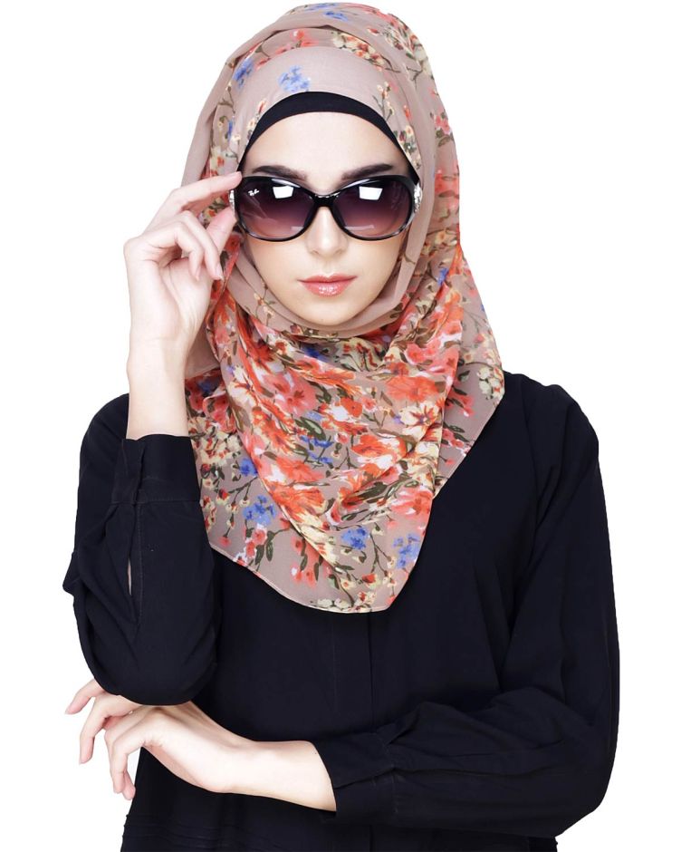 Beige Orange Floral Print Instant Hijab