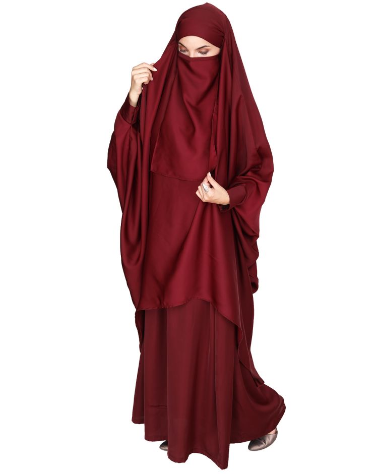 Luxurious High Low Style Maroon Khimar and Skirt Jilbab Set