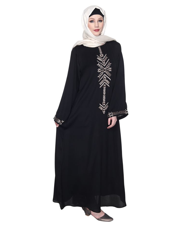 Deep Black Front Closed Abaya With Angular Embroidery Design
