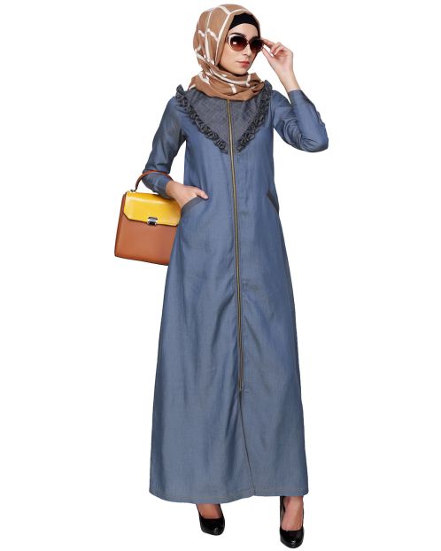 Denim Abaya with Ruffles Yoke