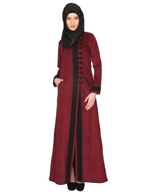 Maroon Velvet Corduroy Coat-style Abaya