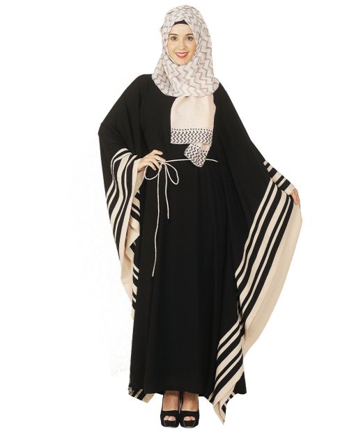 Black Kaftan with Striped Beige Border