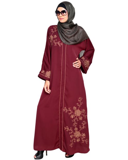 Botanical Wine Embroidered Dubai Style Abaya