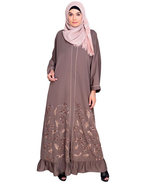 Magnificent Grey Gathers Embroidered  Dubai Style  Abaya